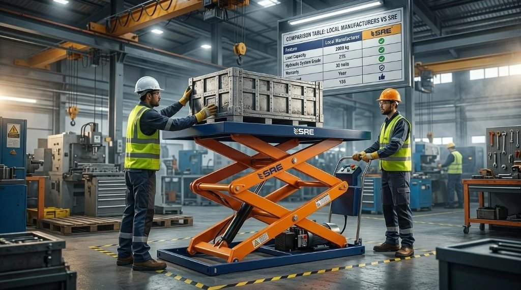 Two people using scissor lift